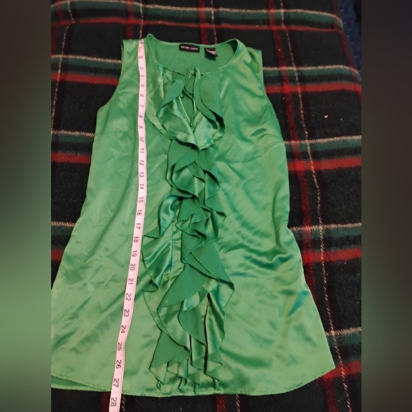 New York And Company Vibrant Green Ruffle, Sleeveless, Satin Blouse. - Picture 8 of 9